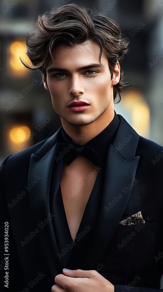 A man in a tuxedo with a bow tie and a black shirt A man in a tuxedo with a bow tie and a black shirt