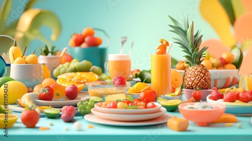 A vibrant brunch scene with 3D-rendered dishes made from seasonal farmers market produce