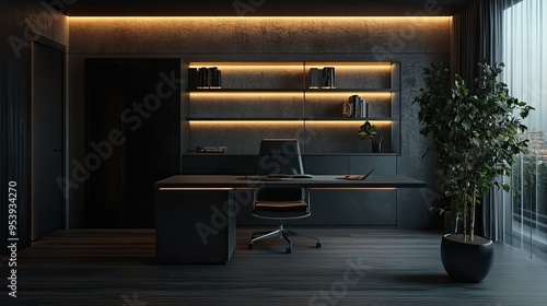 stylish luxury home office interior in an ultramodern brutal apartment in dark colors and cool led lighting photo