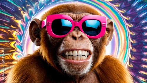 A monkey wearing pink sunglasses