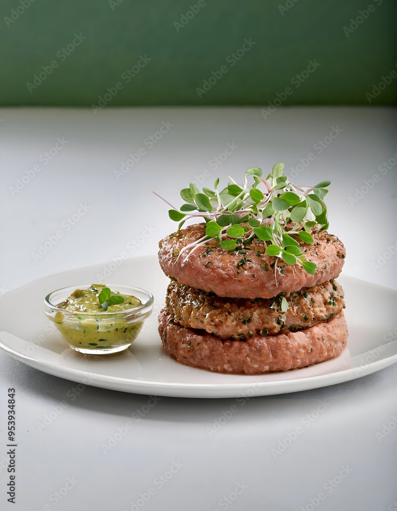 A clean, modern presentation of lab-grown meat burgers, with a minimalist setup on a white plate. A clean, modern presentation of lab-grown meat burgers, with a minimalist setup on a white plate.