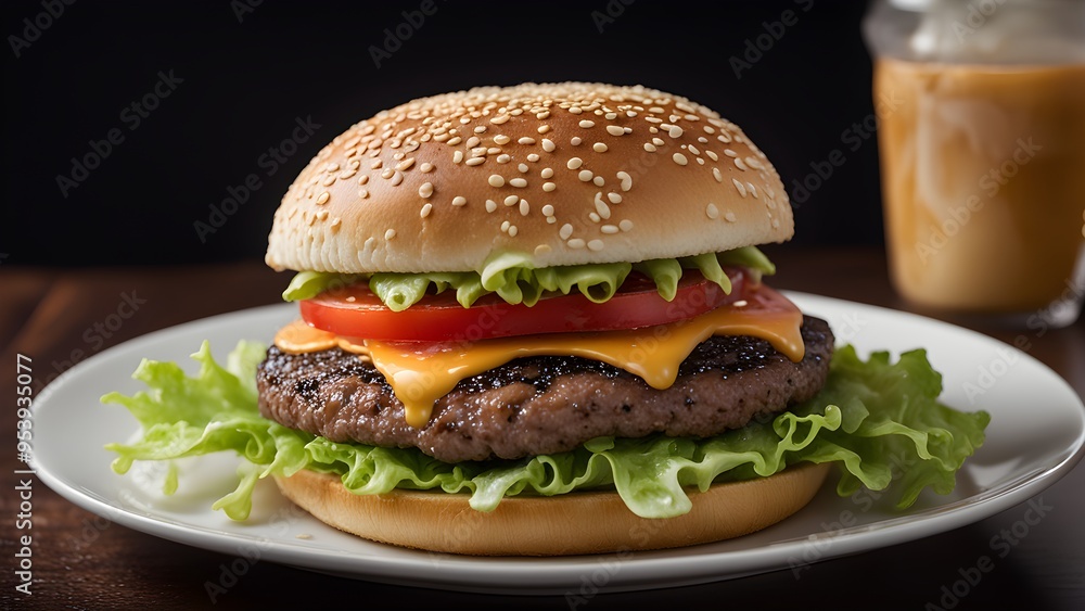 A hamburger with lettuce and tomato on a white plate A hamburger with lettuce and tomato on a white plate