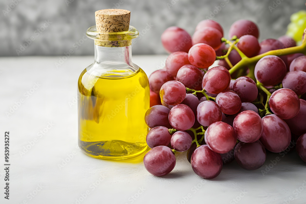 Artistic Display of Cold-Pressed Grapeseed Oil, with bottle with Fresh Grapes Artistic Display of Cold-Pressed Grapeseed Oil, with bottle with Fresh Grapes