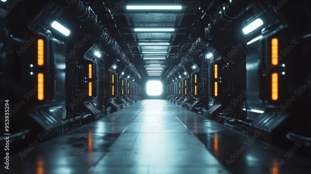 Futuristic sci-fi corridor with glowing lights and high-tech walls, leading to a bright light at the end. Three-dimensional technology concept. Futuristic sci-fi corridor with glowing lights and high-tech walls, leading to a bright light at the end. Three-dimensional technology concept.