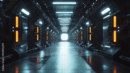 Futuristic sci-fi corridor with glowing lights and high-tech walls, leading to a bright light at the end. Three-dimensional technology concept.