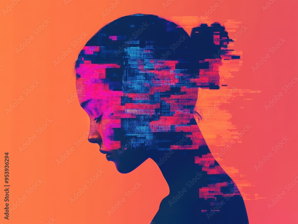 Person in a cybernetic environment, their emotions of sadness and depression visualized through AI-generated fractal patterns, promoting mental health awareness Person in a cybernetic environment, their emotions of sadness and depression visualized through AI-generated fractal patterns, promoting mental health awareness