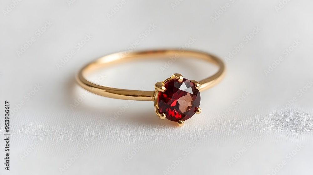 Close up of a minimalist garnet ring with a thin gold band and a small round crimson gemstone lying on a plain white background emphasizing the elegant and sophisticated simplicity of the design Close up of a minimalist garnet ring with a thin gold band and a small round crimson gemstone lying on a plain white background emphasizing the elegant and sophisticated simplicity of the design