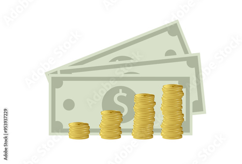 US dollar paper banknotes and gold coins Icon set. Saving money design, The concept of investments, business, profit and income. Vector illustration