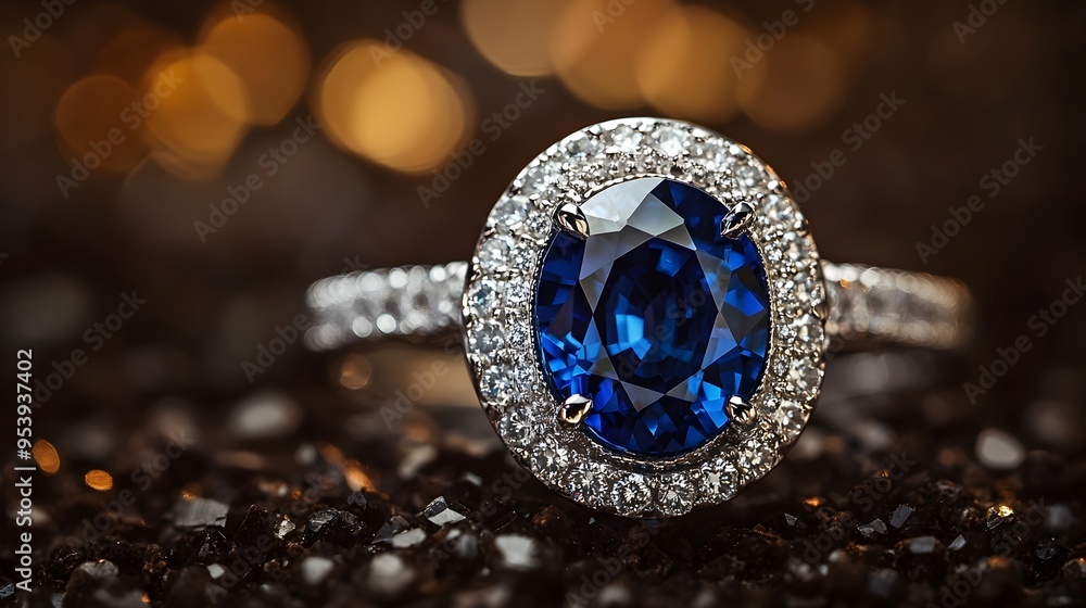 Exquisite sapphire ring with a deep rich blue sapphire center stone surrounded by a halo of dazzling diamonds set in a premium platinum band displayed on a dark Exquisite sapphire ring with a deep rich blue sapphire center stone surrounded by a halo of dazzling diamonds set in a premium platinum band displayed on a dark
