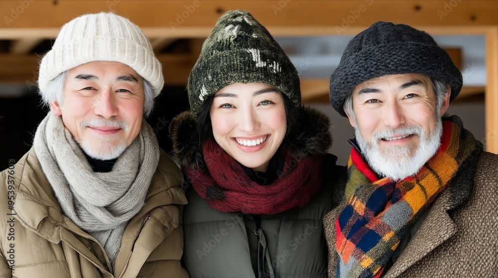A group of three older men and a young woman posing for a picture A group of three older men and a young woman posing for a picture