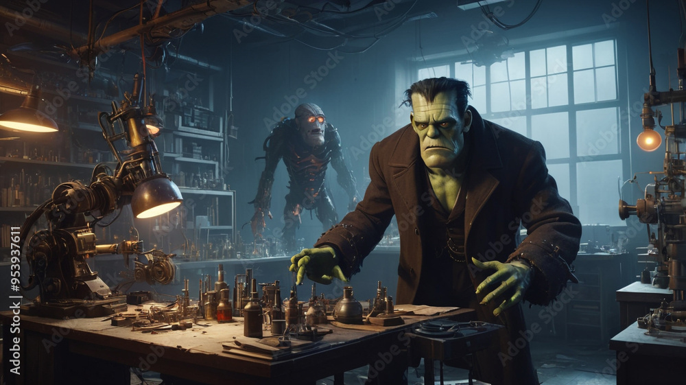 Frankenstein’s monster, towering and powerful, stands beside his creator, a wild-eyed mad scientist in a cluttered, chaotic lab. The monster’s expression is one of loyalty mixed with confusion, Frankenstein’s monster, towering and powerful, stands beside his creator, a wild-eyed mad scientist in a cluttered, chaotic lab. The monster’s expression is one of loyalty mixed with confusion,