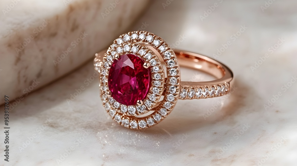Exquisite and Extravagant Ruby and Diamond Ring Set in Luxurious Rose Gold Band Showcased on a Luxurious Marble Surface Capturing the Essence of Elegance and Opulence Exquisite and Extravagant Ruby and Diamond Ring Set in Luxurious Rose Gold Band Showcased on a Luxurious Marble Surface Capturing the Essence of Elegance and Opulence