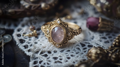 A delicate and elegant crystal ring featuring a rose quartz in a filigree gold setting lying on a weathered lace doily and surrounded by an arrangement of vintage inspired trinkets and decor