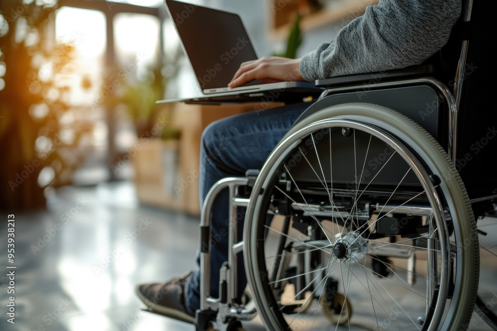 Obraz premium Businessman is working on a laptop while sitting in a wheelchair in an office