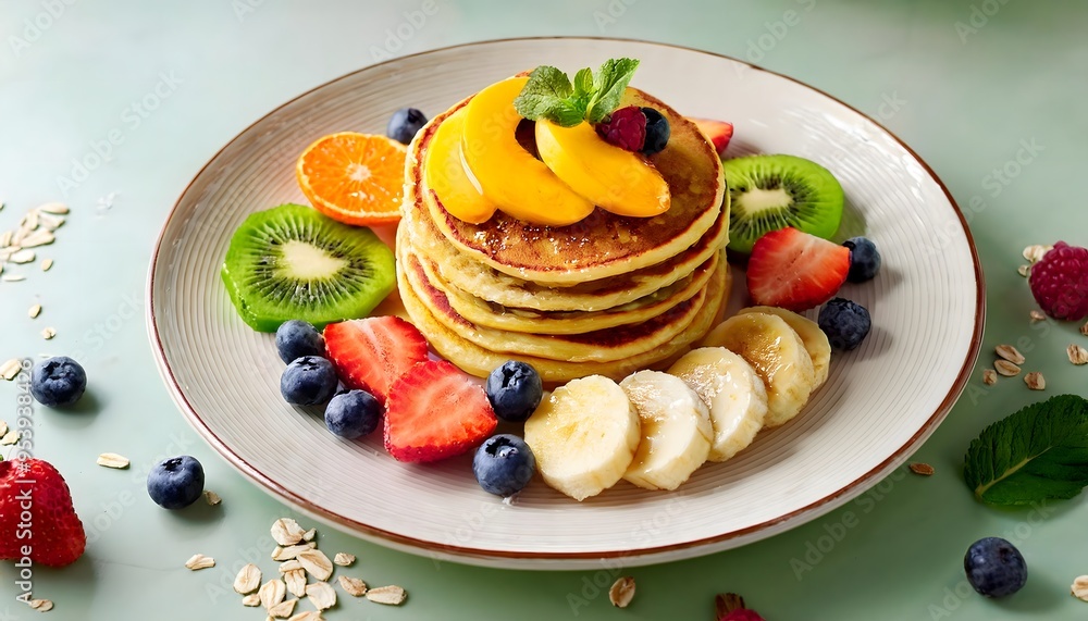 A colorful plate of gluten-free pancakes made with almond flour, served with fresh fruit slices and a drizzle of honey. A colorful plate of gluten-free pancakes made with almond flour, served with fresh fruit slices and a drizzle of honey.