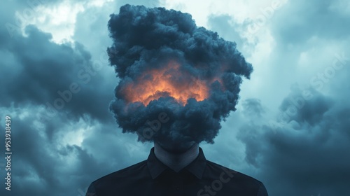 Overwhelmed person surrounded by stormy clouds, inner turmoil visualization, 3D illustration