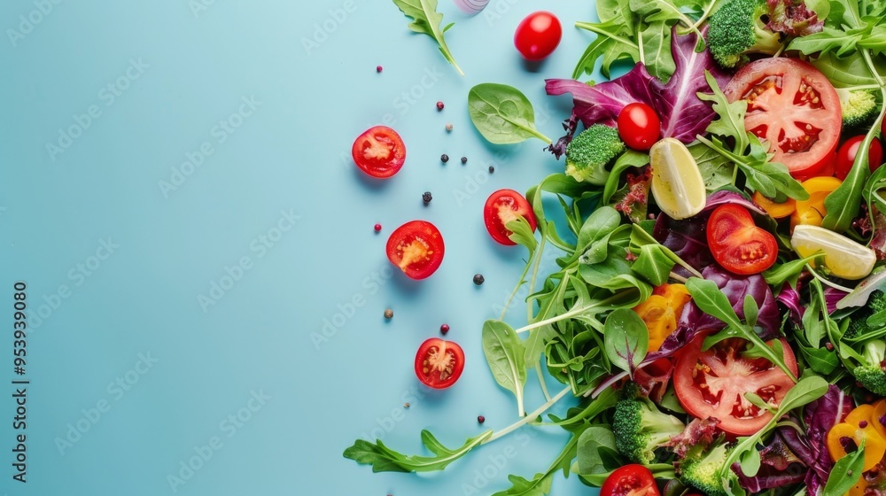 A high-quality stock image of a healthy salad with vibrant vegetables on the right side, leaving space on the left for text. Perfect for health-focused content, menu design, and wellness promotions. A high-quality stock image of a healthy salad with vibrant vegetables on the right side, leaving space on the left for text. Perfect for health-focused content, menu design, and wellness promotions.