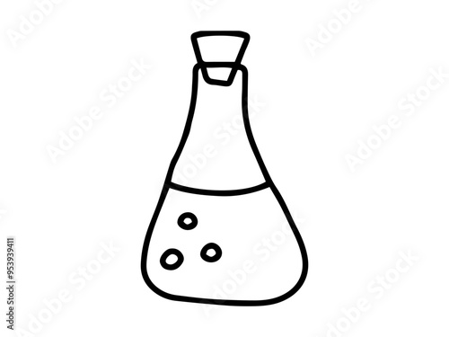 Black outline of a chemistry flask on white background. Concept of laboratory equipment, science education, chemical experiment, minimalist design. Icon, school, study element.