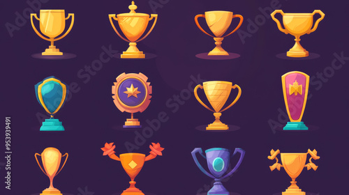 Trophy icons collection with gold, silver, and bronze medals and cups for winners.  photo