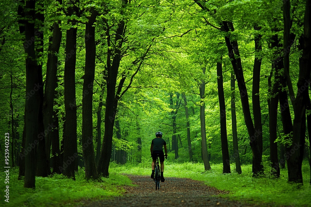 Cyclist riding through green forest path in serene setting Cyclist riding through green forest path in serene setting