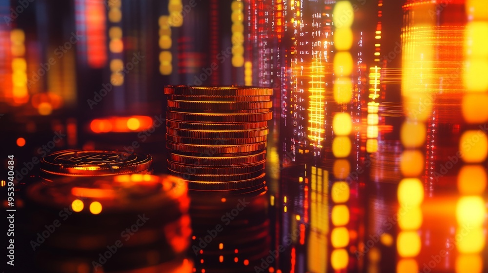 Stacks of various cryptocurrency coins on a digital circuit. Stacks of various cryptocurrency coins on a digital circuit.