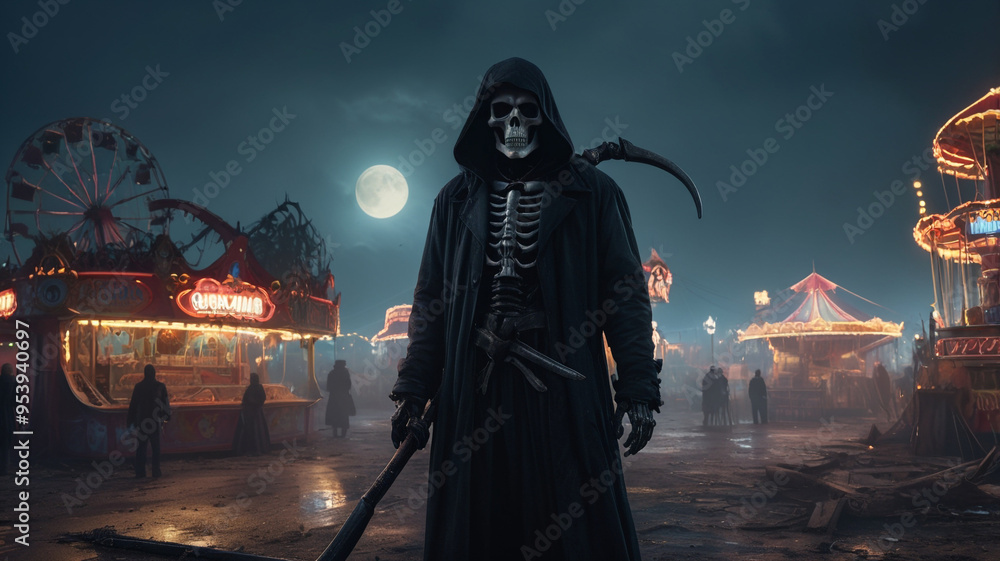 The Grim Reaper stands ominously amidst the rusting remains of an old, abandoned carnival, holding his scythe with a menacing grip. The once-bright colors of the carnival rides are now faded. The Grim Reaper stands ominously amidst the rusting remains of an old, abandoned carnival, holding his scythe with a menacing grip. The once-bright colors of the carnival rides are now faded.