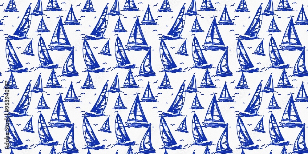 Coastal sail boat in azure ocean blue seamless border background, Modern sailing race boat block print banner for decorative coast interior furnishing fabric edge trim. Coastal sail boat in azure ocean blue seamless border background, Modern sailing race boat block print banner for decorative coast interior furnishing fabric edge trim.