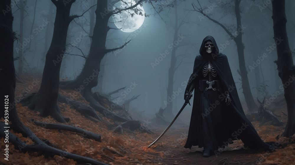 Fototapeta premium The Grim Reaper, with his iconic scythe and flowing cloak, emerges from the shadows of a dark, twisted forest. The full moon above casts an eerie light, creating stark contrasts