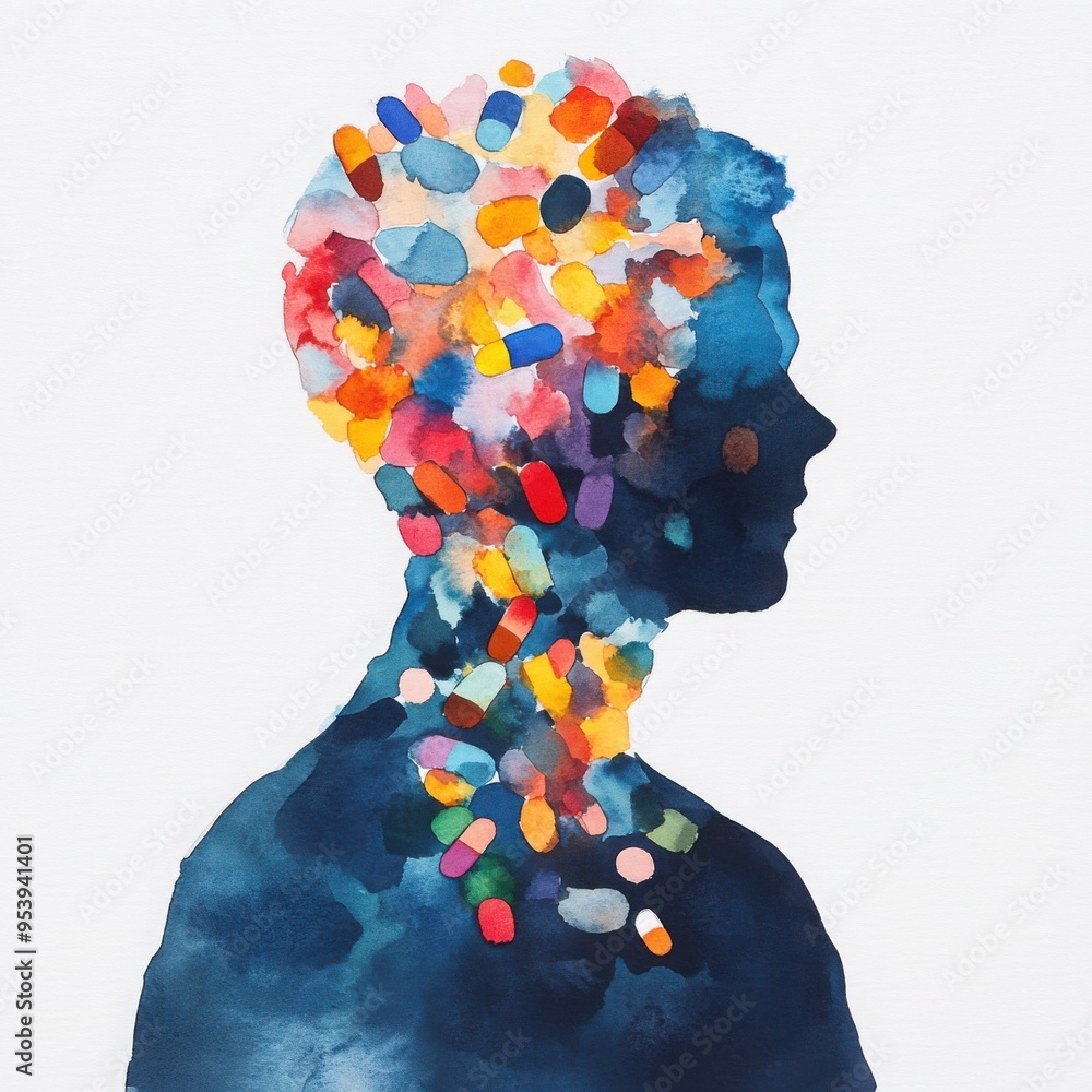 Vivid watercolor of a figure engulfed in depression, hopelessness visualized by dark, encroaching shapes, with medication represented as delicate, emerging colors Vivid watercolor of a figure engulfed in depression, hopelessness visualized by dark, encroaching shapes, with medication represented as delicate, emerging colors