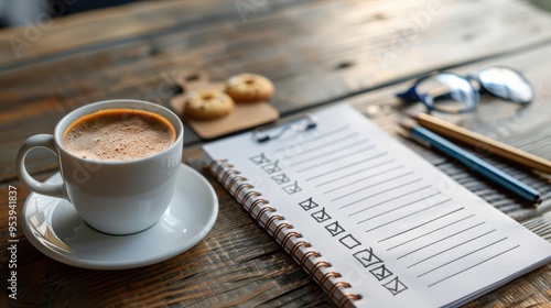 Workspace with checklist and coffee, morning productivity setup