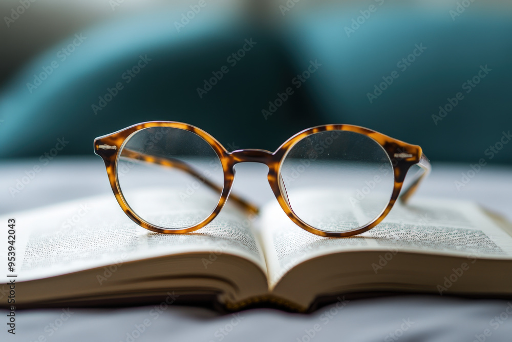 Pair of tortoise shell glasses are sitting on top of an open book Pair of tortoise shell glasses are sitting on top of an open book