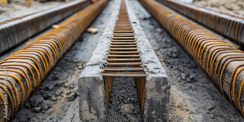 Closeup of Reinforcement steel bars for concrete in construction site structural engineering, copy space banner