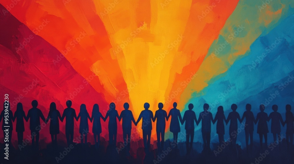 A sunrise over a multicultural crowd holding hands, with each ray of sunlight representing hope, equality, and the journey towards progress A sunrise over a multicultural crowd holding hands, with each ray of sunlight representing hope, equality, and the journey towards progress