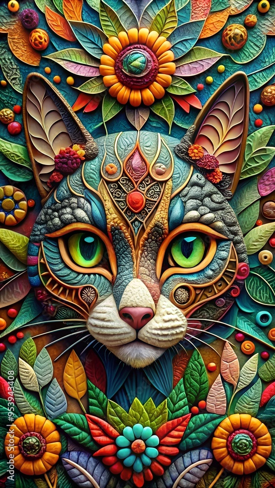 A detailed and intricate artwork made entirely with a cat motif, featuring elaborate patterns and fine craftsmanship that highlight the cat's elegance and artistic form. A detailed and intricate artwork made entirely with a cat motif, featuring elaborate patterns and fine craftsmanship that highlight the cat's elegance and artistic form.
