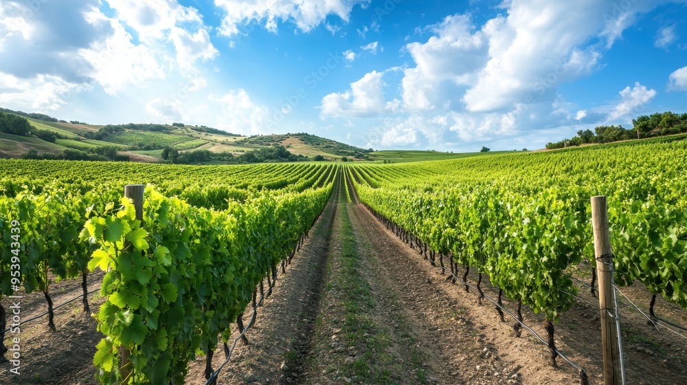 Lush green vineyard under a bright blue sky with fluffy clouds, featuring endless rows of grapevines in a picturesque countryside setting. Lush green vineyard under a bright blue sky with fluffy clouds, featuring endless rows of grapevines in a picturesque countryside setting.