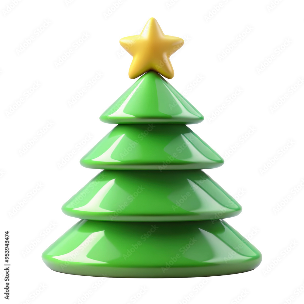 3D Christmas tree with a star on top and layered branches, featuring a glossy surface and vibrant green color, perfect for holiday decorations. Isolated on transparent background, png. 3D Christmas tree with a star on top and layered branches, featuring a glossy surface and vibrant green color, perfect for holiday decorations. Isolated on transparent background, png.