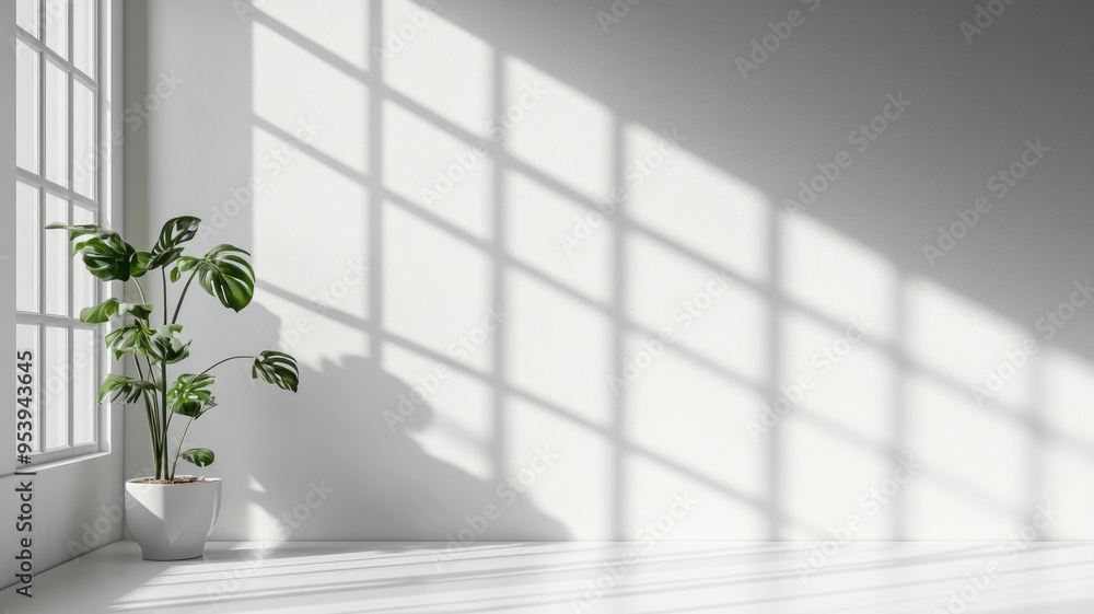 Wall interior background. Empty white room with a plant large windows through which light falls, shadows on the walls. Ideal background for photo studio shoots, minimalist interior, natural light. Wall interior background. Empty white room with a plant large windows through which light falls, shadows on the walls. Ideal background for photo studio shoots, minimalist interior, natural light.