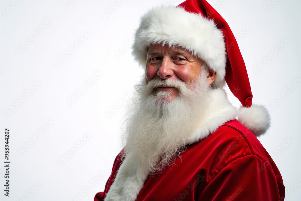 Traditional portrait of smiling Santa Claus wearing red hat and red jacket on white background. Copy space. AI generative. Traditional portrait of smiling Santa Claus wearing red hat and red jacket on white background. Copy space. AI generative.