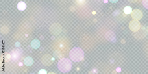 Sparkling glare light effects with colorful shimmer. Beautiful lens flare effect with bokeh, glittery particles and rays. Shining abstract background. Vector illustration	
