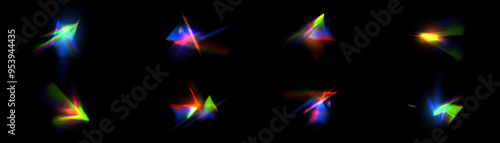 Rainbow rays of light distortion, glare, reflection effect from crystal, glass or gemstone. Vector realistic set of light effects with spectral glare, light refraction, lens flares. Vector