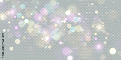 Sparkling glare light effects with colorful shimmer. Beautiful lens flare effect with bokeh, glittery particles and rays. Shining abstract background. Vector illustration	
