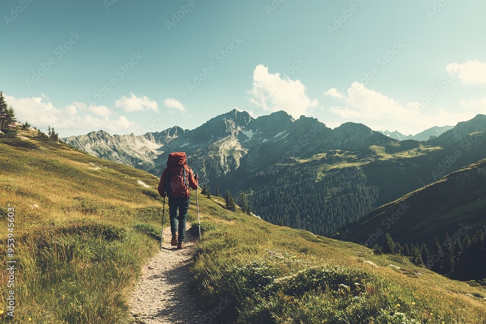 Hiker on mountain trail with scenic landscape Hiker on mountain trail with scenic landscape