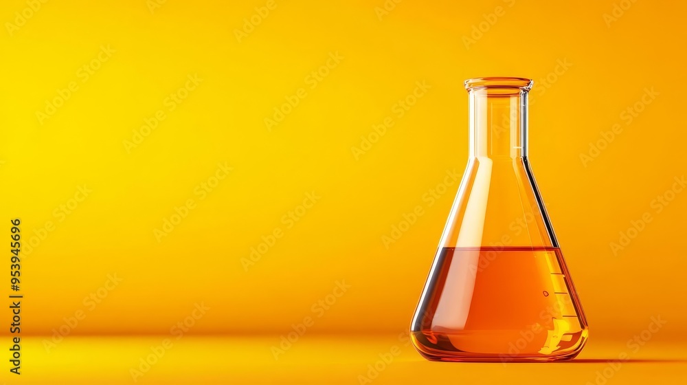 A bright laboratory flask containing a vibrant orange liquid, set against a smooth yellow background. Ideal for educational themes. A bright laboratory flask containing a vibrant orange liquid, set against a smooth yellow background. Ideal for educational themes.