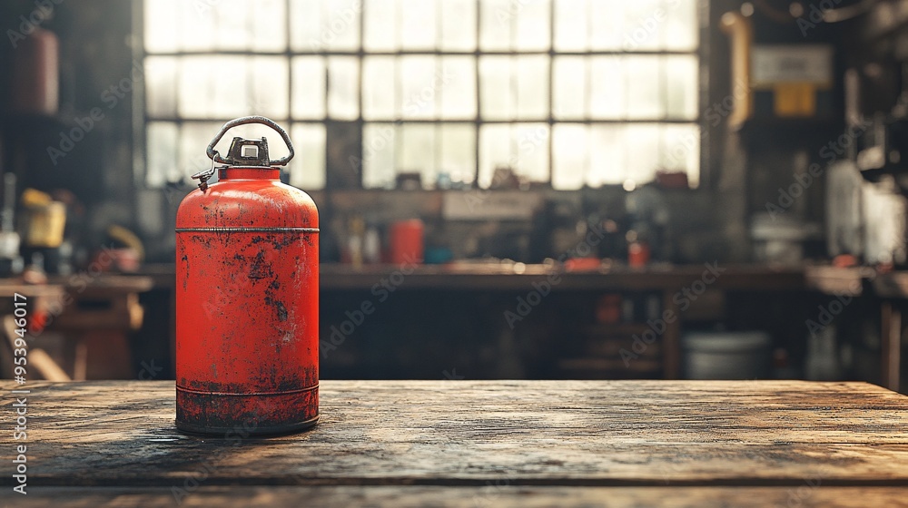 Classic Fuel Canister in Rustic Workshop Setting on Wooden Table with Copy Space Classic Fuel Canister in Rustic Workshop Setting on Wooden Table with Copy Space