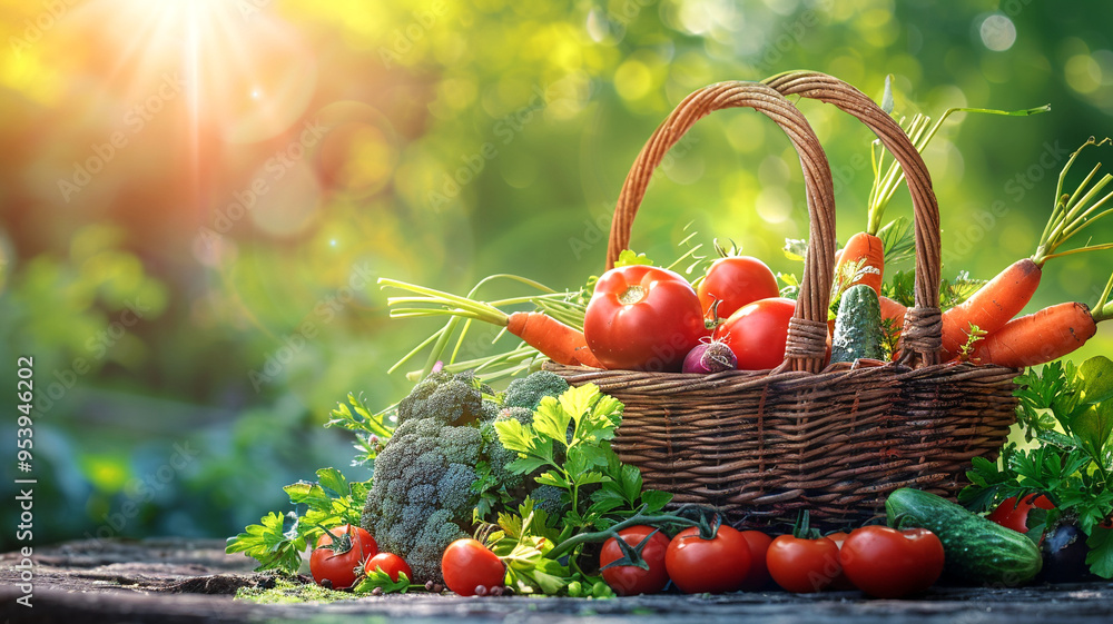 Freshly harvested vegetables in a rustic basket on a sunny afternoon Freshly harvested vegetables in a rustic basket on a sunny afternoon
