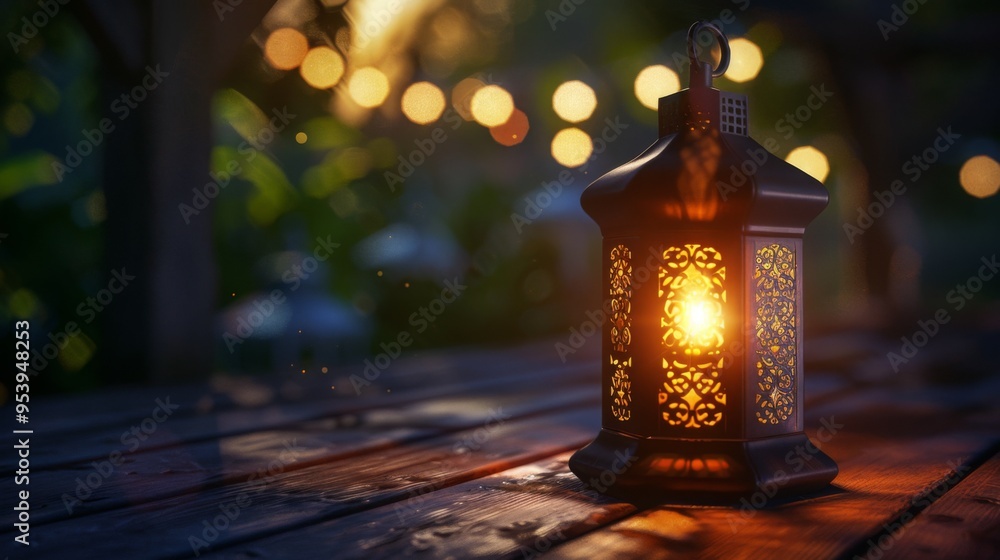 Arabic lantern with a candle on a wooden table with lights in the background Arabic lantern with a candle on a wooden table with lights in the background