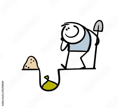 Doodle happy stickman looks down. Vector illustration of  lucky  man digging  bag of money out of the ground. Funny unexpected find of a pirate treasure.  Cartoon person with shovel near hole.