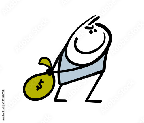Funny cunning swindler committed  crime, stole  bag of money. Vector illustration of  businessman hiding cash behind his back. Dollars from the bank. Isolated doodle character on white background.
