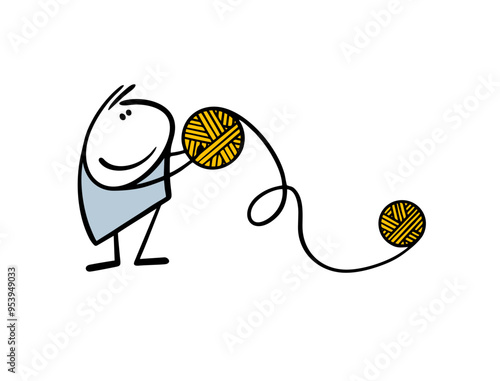 Small child   playing with balls of wool. Vector illustration of a cartoon stickman unwinding a thread. Needlework, knitting, hobbies for the soul.