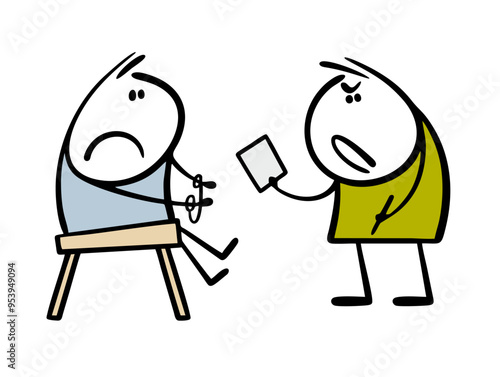 Criminal  sitting on chair in handcuffs. Vector illustration  investigation is underway, thief  being interrogated at  police station. Strict investigator records the testimony and accuses of a crime.